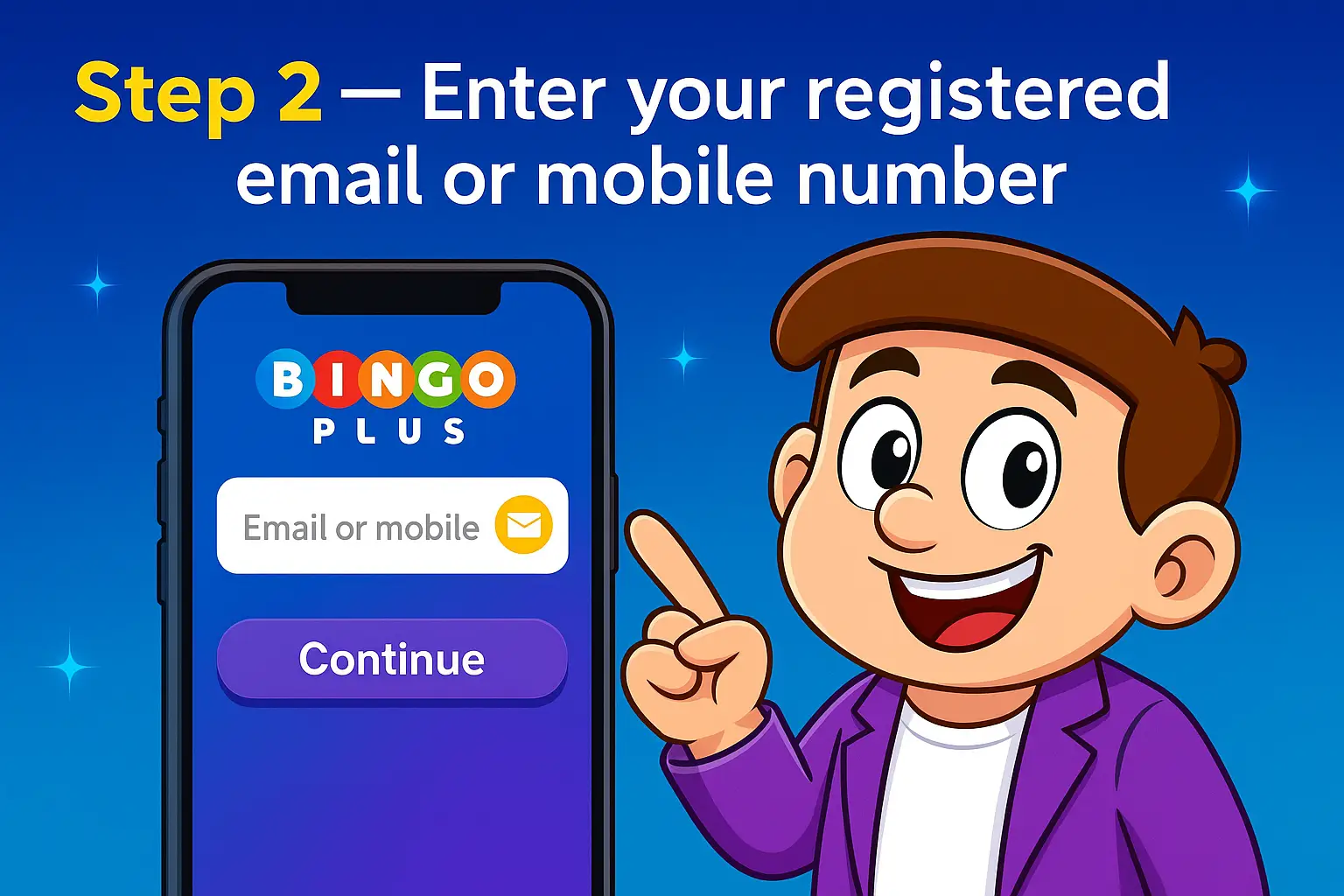 Step 2 illustration showing entering email or mobile number for bingoplus login